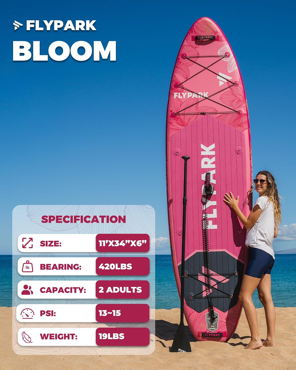 Flypark 11'x34 Inflatable Paddle Boards, Extra Wide SUP for 420lbs/3Adults, Yoga Stand Up Paddle Board, 110L Backpack, 15 D-Rings, Shoulder Strap, US-Fin, 2-Action Pump