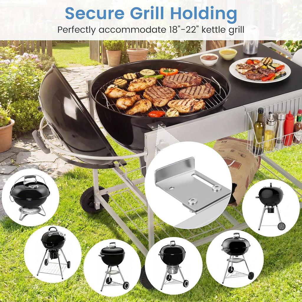 HAPPYGRILL Outdoor Grill Table for 18'& 22' Weber Original Kettle, Movable BBQ Grill Cart w/Wire Rack, Seasoning Rack & Garbage Can, Prep Kitchen Island w/Storage for Backyard Camping Picnic