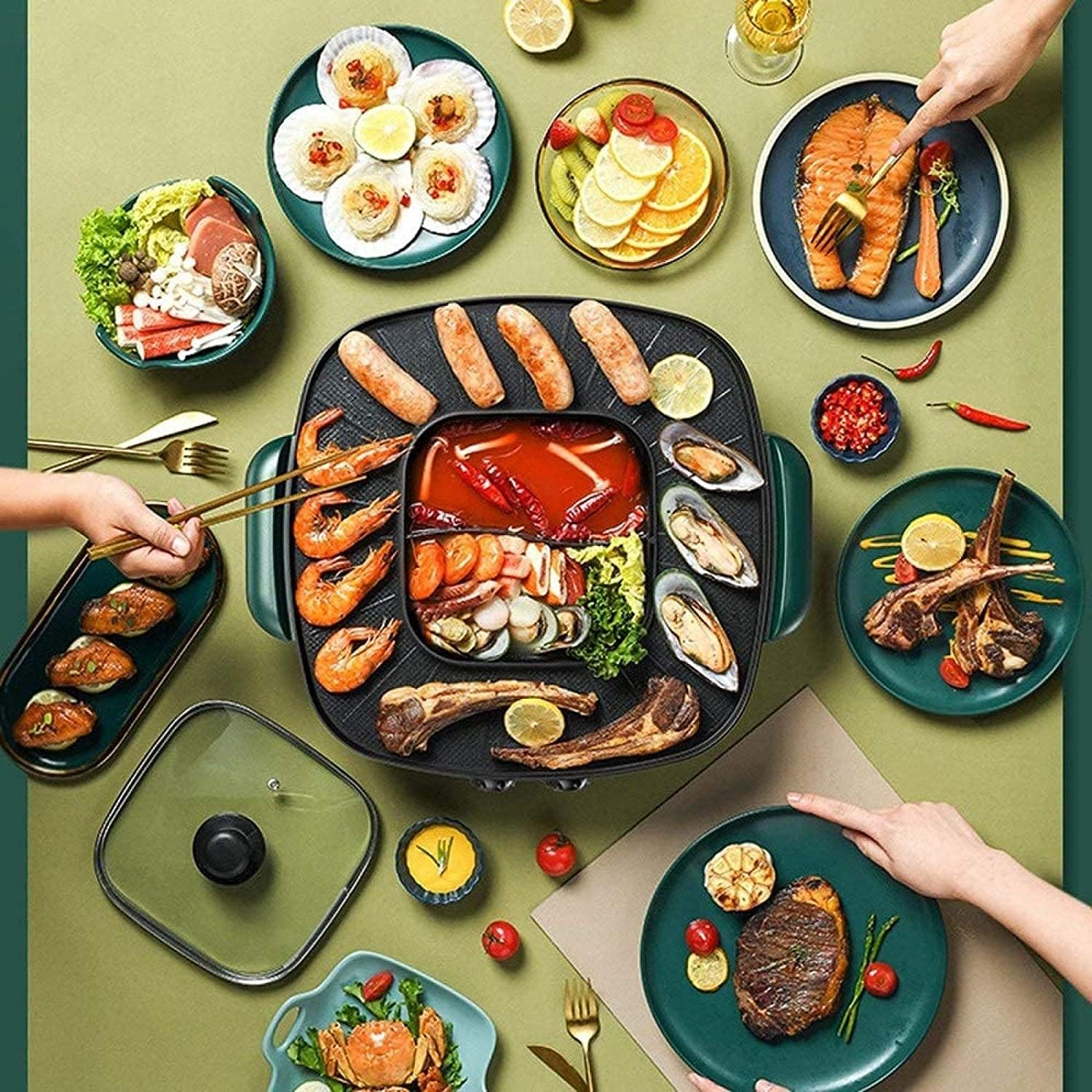 Electric BBQ Grill Indoor Hot Pot Grilling Integrated Pot Independent Temperature Control Fast Heating Electric Pot Household Smokeless Non-stick Electric Oven
