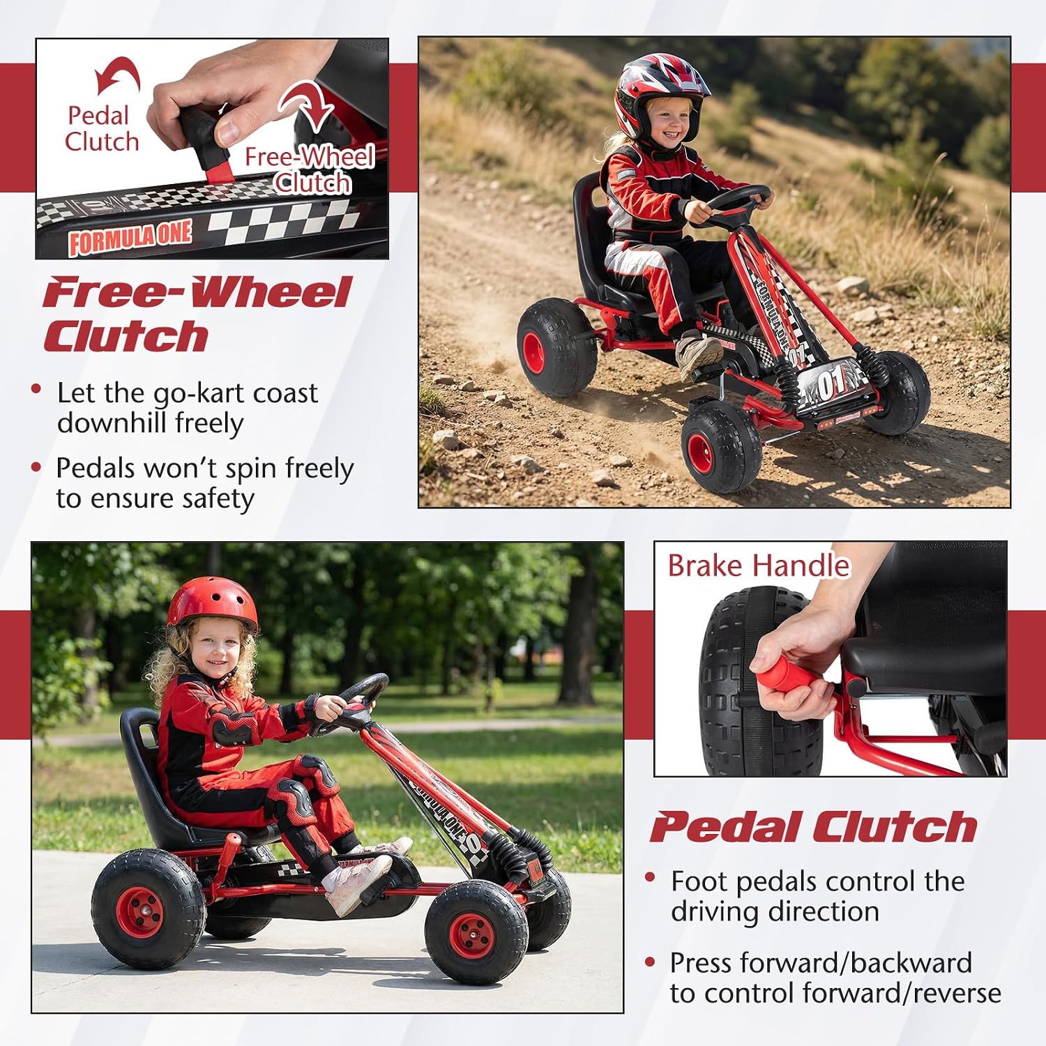 HONEY JOY Pedal Go Kart, 4 Wheeler Toddler Racing Ride On Pedal Car Toy, Forward/Backward, Ergonomic Seat, Handbrake, Steering Wheel, Outdoor Off-Road Go Cart for Kids, Boys Girls Gift (Red)