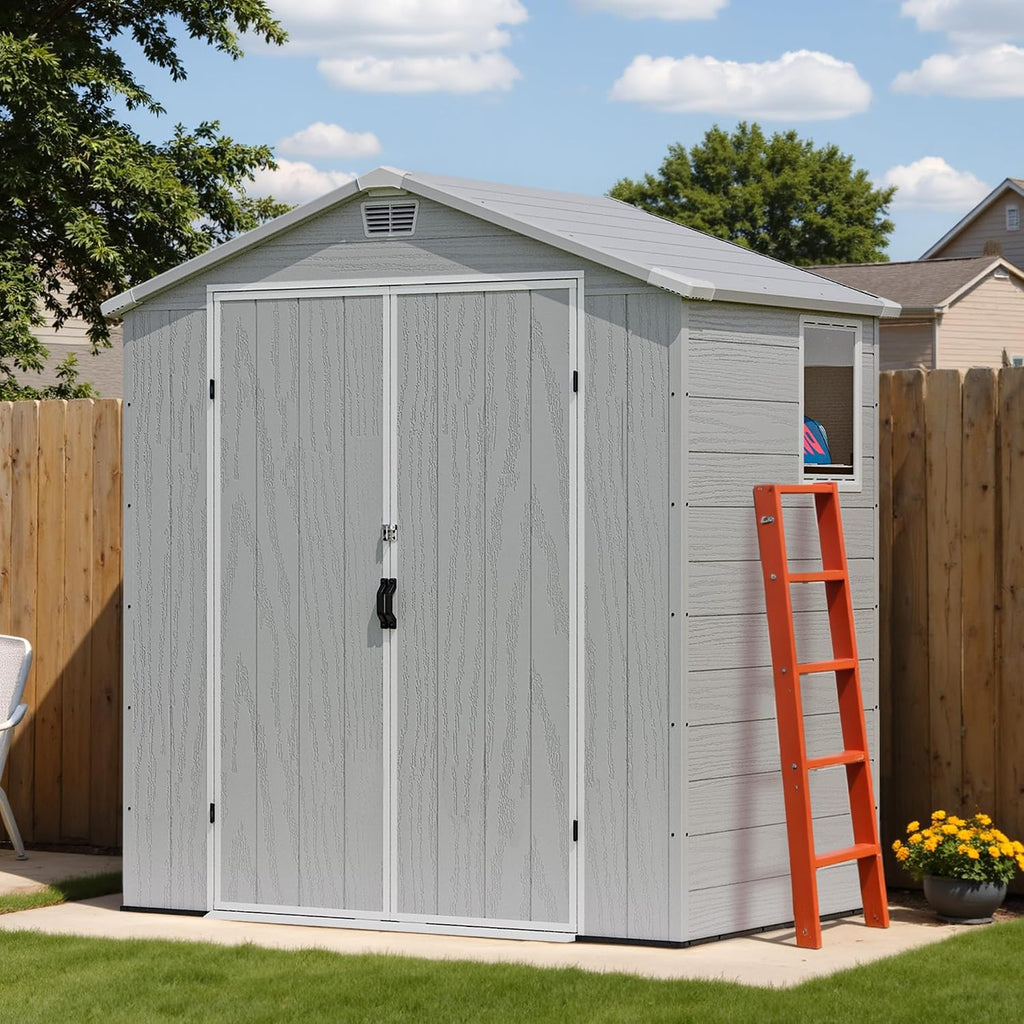 Devoko 6x4 FT Plastic Outdoor Storage Shed - Lockable Resin Tool Shed with Window & Floor - Easy Assembly for Garden, Backyard