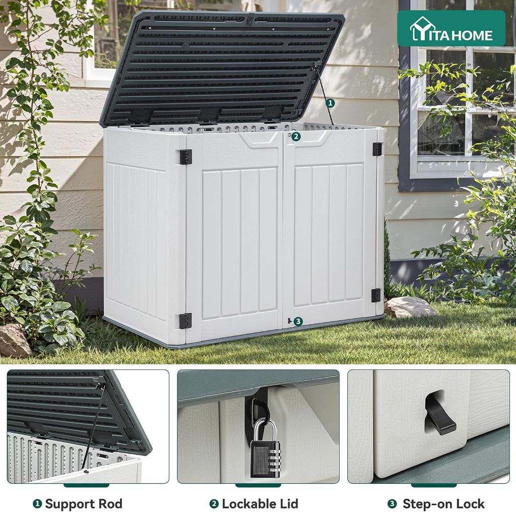 YITAHOME Large Outdoor Horizontal Storage Shed, 47 cu ft Resin Tool Shed w/o Shelf, Outdoor Waterproof Storage with Floor for Trash Cans, Garden Tools, Lawn Mower, Lockable, 4.5x2.8x3.9 ft, Light Gray