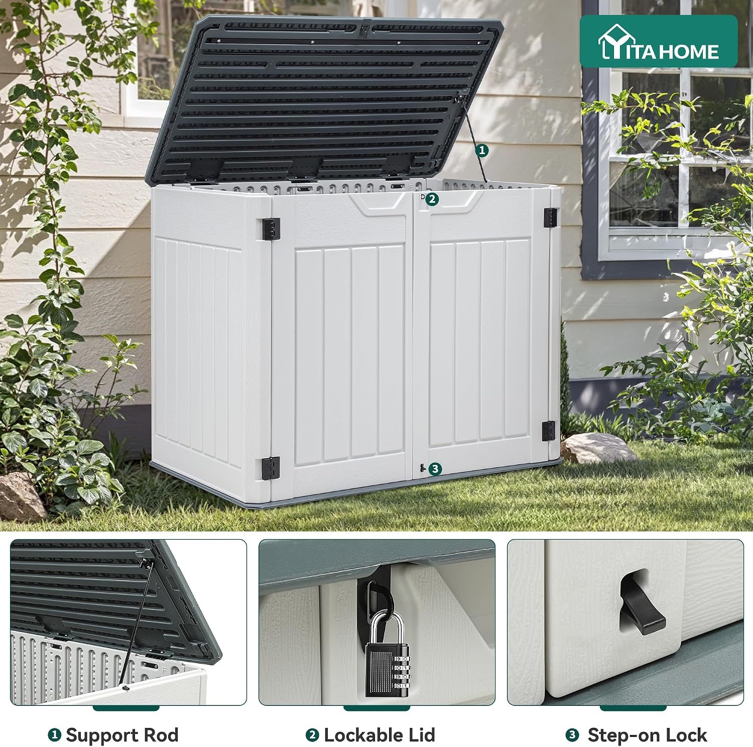 YITAHOME Large Outdoor Horizontal Storage Shed, 47 cu ft Resin Tool Shed w/o Shelf, Outdoor Waterproof Storage with Floor for Trash Cans, Garden Tools, Lawn Mower, Lockable, 4.5x2.8x3.9 ft, Light Gray