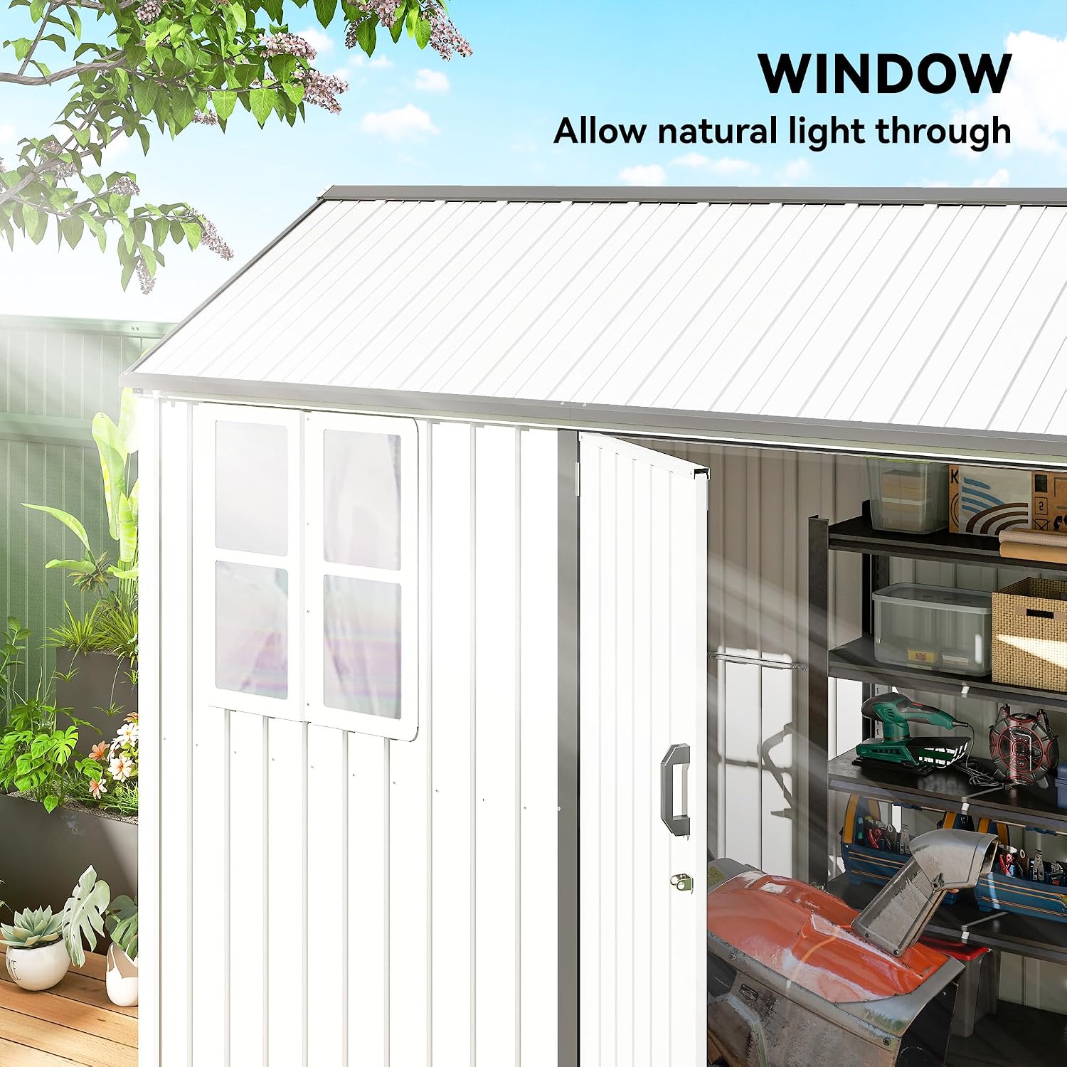Outsunny 8' x 6' Outdoor Storage Shed, Metal Garden Shed with Window & Double Lockable Door, Outdoor Tool Shed Storage with Sloped Roof for Backyard, Patio, Garage, Lawn, White