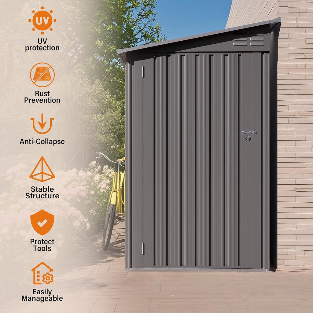 4x9 FT Lean to Shed with Windows, Outdoor Storage Metal Shed with 6 Vents and 1 Side Open Door, Outdoor Storage Shed Waterproof for Backyard, Garden, Patio, Gray