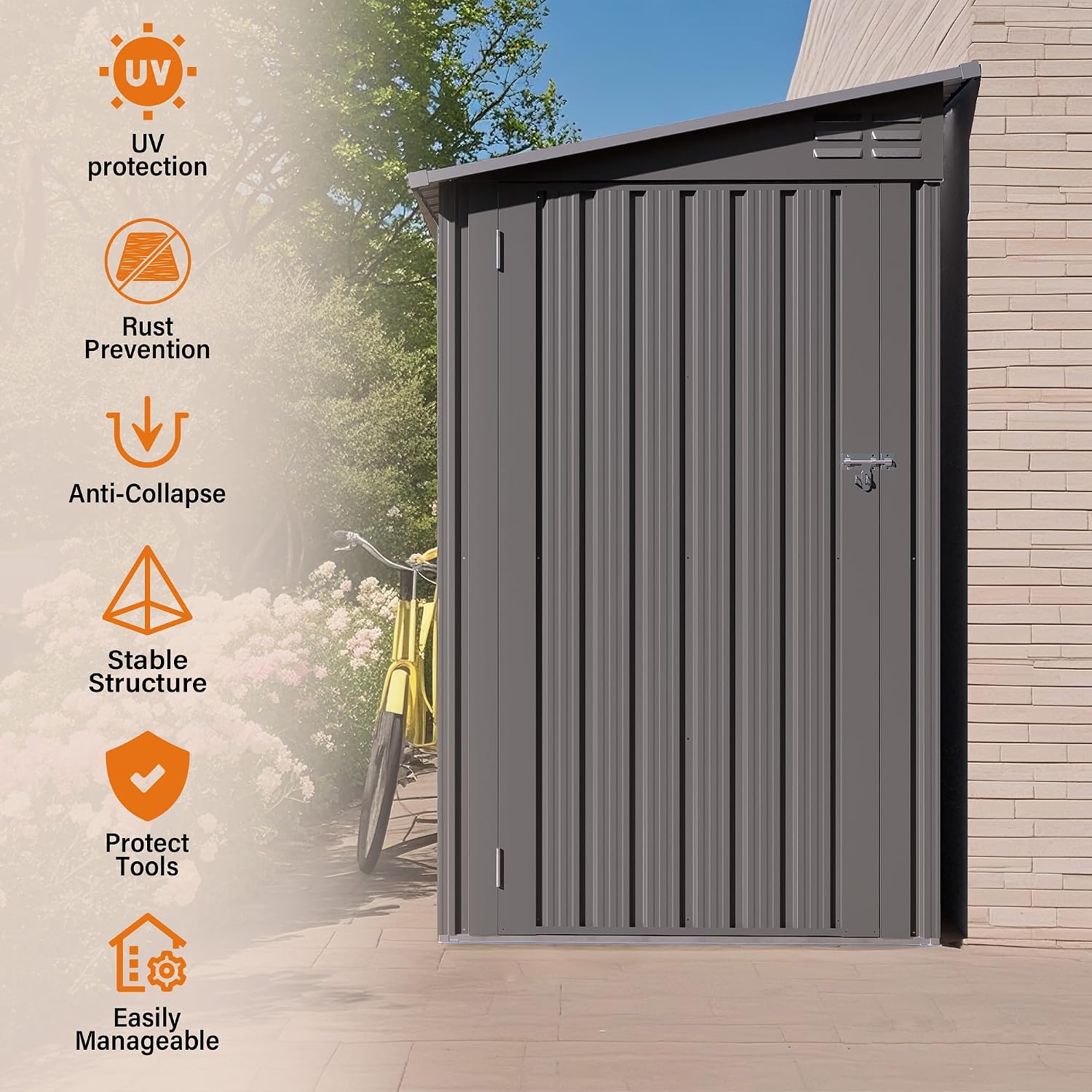 4x9 FT Lean to Shed with Windows, Outdoor Storage Metal Shed with 6 Vents and 1 Side Open Door, Outdoor Storage Shed Waterproof for Backyard, Garden, Patio, Gray