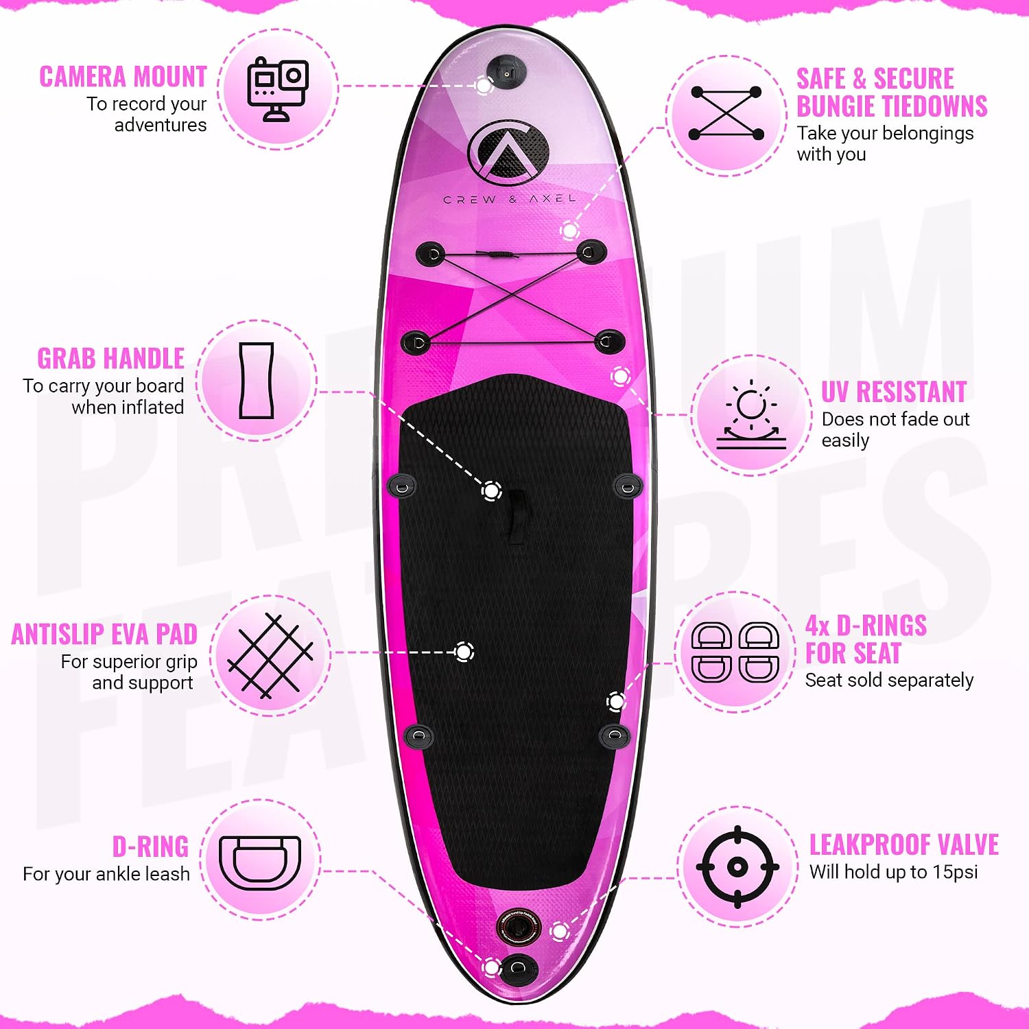 Crew Axel Inflatable Paddle Board 10'33'6' Extra Wide & Lightweight (18lb) Paddle Board – Premium SUP Set Includes 2 Bags, Floating Paddle, Camera Mount, 3 Fins, Dual Pump Kit