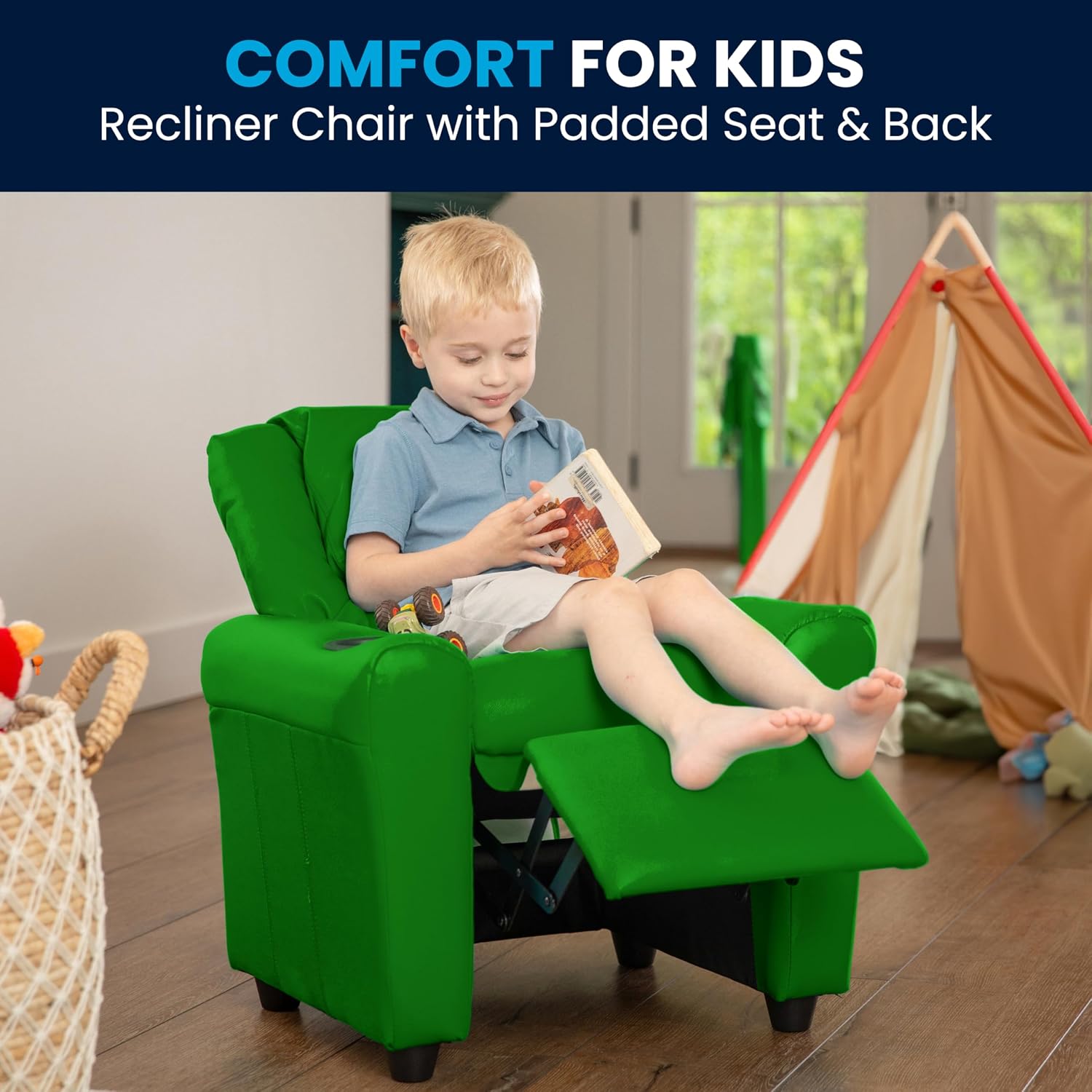 Flash Furniture Vana Vinyl Kids Recliner with Cup Holder, Headrest, and Safety Recline, Contemporary Reclining Chair for Kids, Supports up to 90 lbs., Green