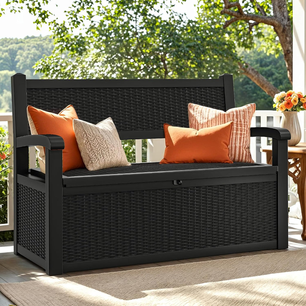 YITAHOME 80 Gallon Storage Bench Deck Box, Lockable Patio Bench with Hidden Storage, Waterproof Outdoor Pool Deck Storage for Patio Cushions, Garden Tools and Pool Supplies, Black