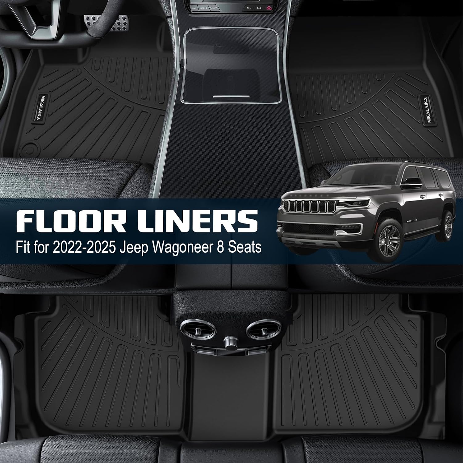 Floor Mats & Cargo Liner for 2022-2025 Jeep Wagoneer 8 Passenger Model with 2nd Row Bench Seat All Weather Protection TPE Rubber Full Set Automotive Mat Accessories, Black (Non L)