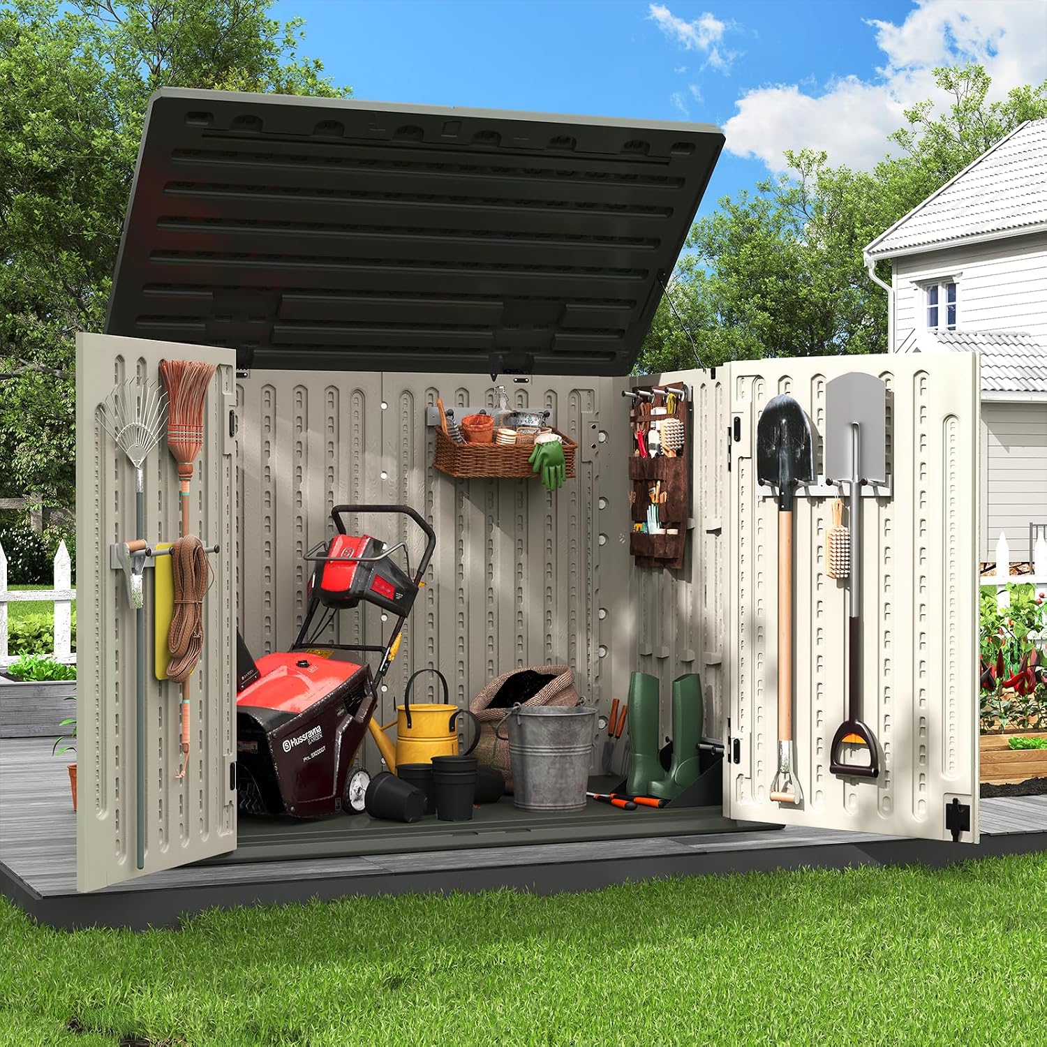 Amopatio Horizontal Outdoor Storage Shed, 34.5 Cu Resin Outdoor Storage Cabinet Waterproof, Outside Cabinet Weather Resistant for Trash Cans, Lawn Mower, Garden Tools, Patio Furniture, Light Grey