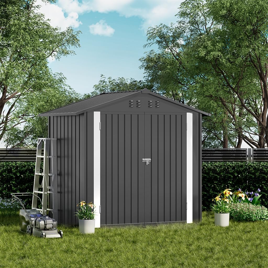 COMHOMA Shed Outdoor Storage Shed Metal,Lockable Doors Tool Sheds with Sloping Roof,Steel Garden Shed with Air Vent for Backyard,Patio,Lawn,Poolside(Grey,6'x4')