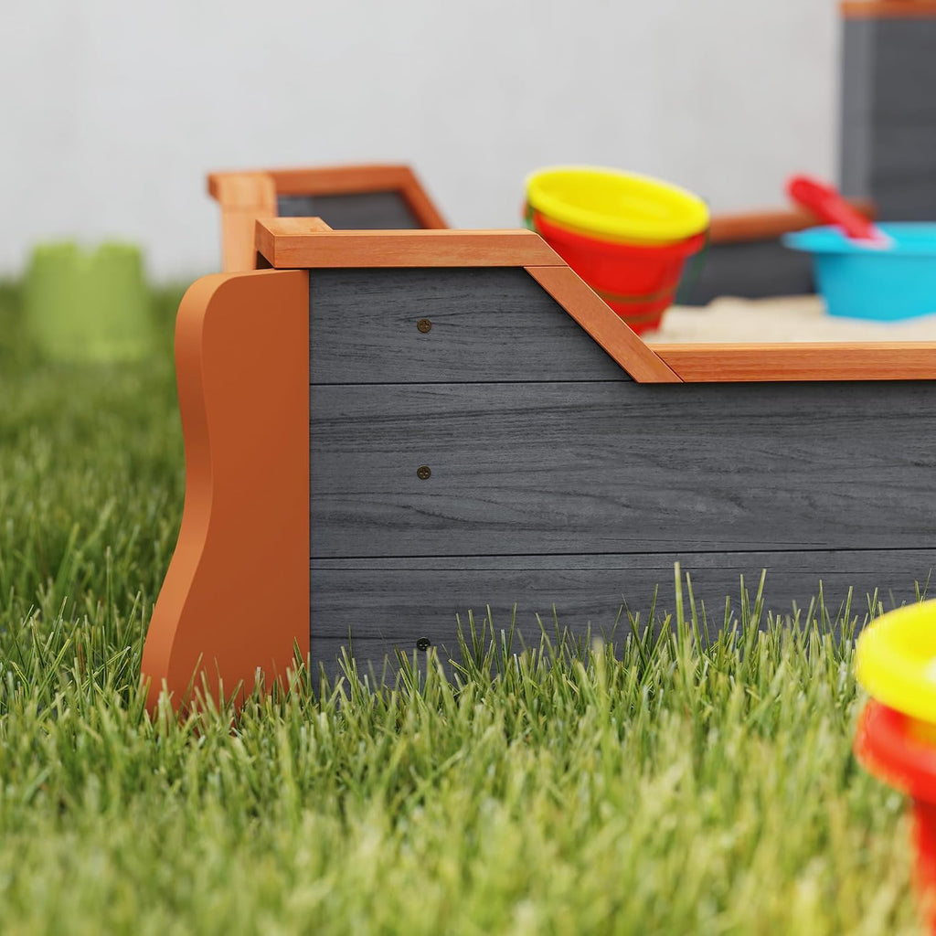 Outsunny Wooden Kids Sandbox, Ship-Shape Outdoor Sandboat with Bench Seats, Storage, Non-Woven Fabric Cloth for Backyard, Lawn, Dark Gray