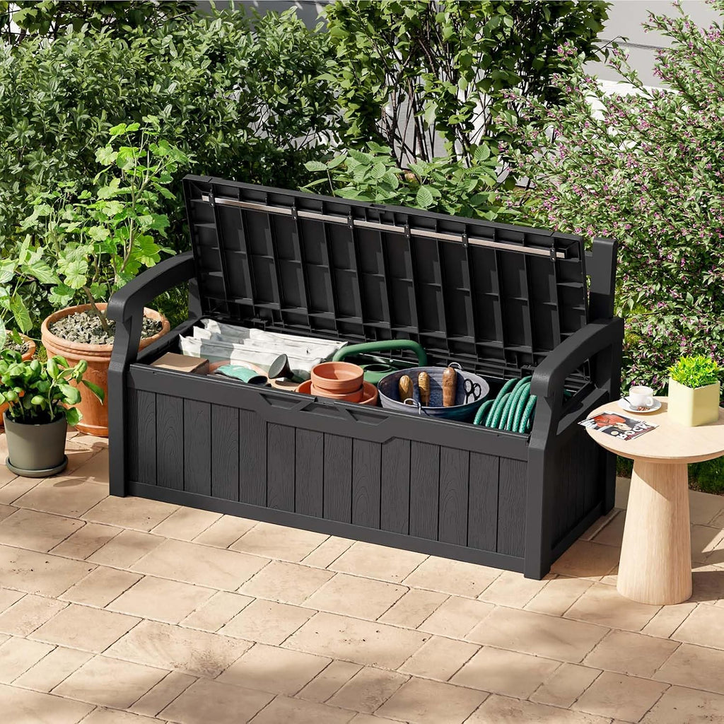 Patiowell 75 Gallon Plastic Storage Bench, Water-Resistant Deck Box for Patio Furniture, Garden Tools, Pool Storage and Outdoor Cushions, Black
