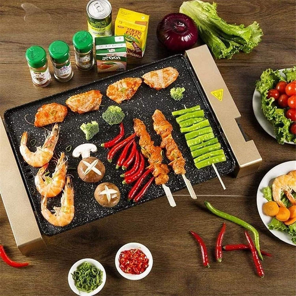 Electric BBQ Grill Indoor 28 * 94 cm Electric Teppanyaki Table Grill, BBQ Barbecue Griddle, Non-Stick Hot Plate,Smokeless,1700W (Color : Gold)