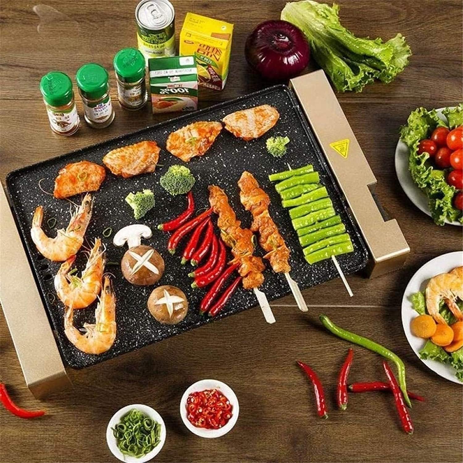 Electric BBQ Grill Indoor 28 * 94 cm Electric Teppanyaki Table Grill, BBQ Barbecue Griddle, Non-Stick Hot Plate,Smokeless,1700W (Color : Gold)