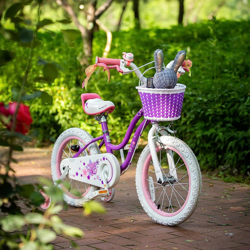 RoyalBaby Stargirl 16 Inch Kids Outdoor Bicycle with Kickstand, Accessory Basket, Bell, and Safety Training Wheels for Ages 4-7, Purple