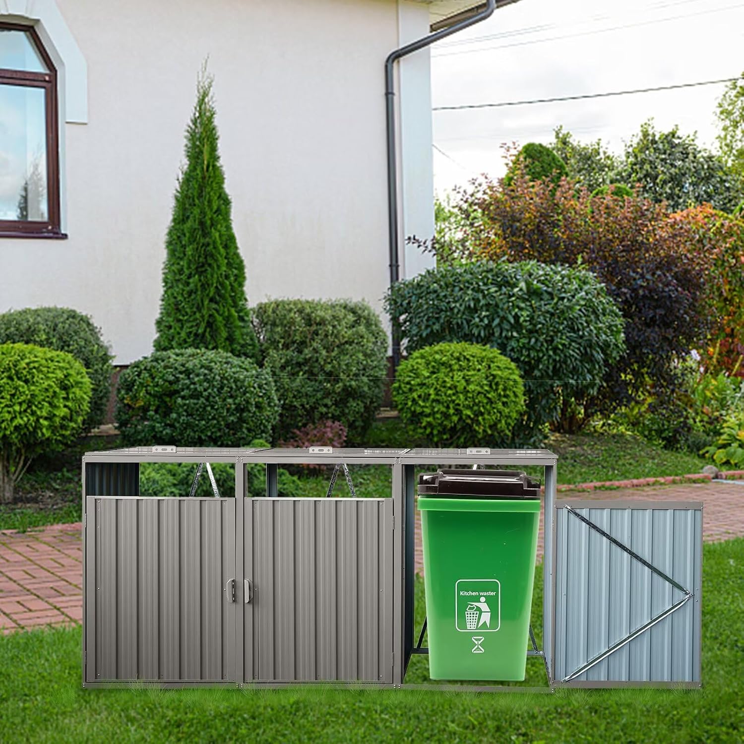 8 x 2.6 ft Outdoor Metal Trash Shed, Storage Shed, Trash Can Storage, Outdoor Garbage Can Organizer, Ideal for 3 Trash Bins, Toys, Weeding Tools (Grey)