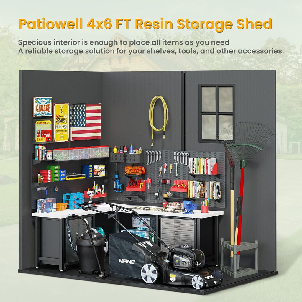 Patiowell 4' x 6' Outdoor Storage Shed with Floor, Plastic Shed Outside Resin Tool Shed with Window and Lockable Door for Backyard Garden Patio Lawn, Dark Grey (Fit-it Shed)