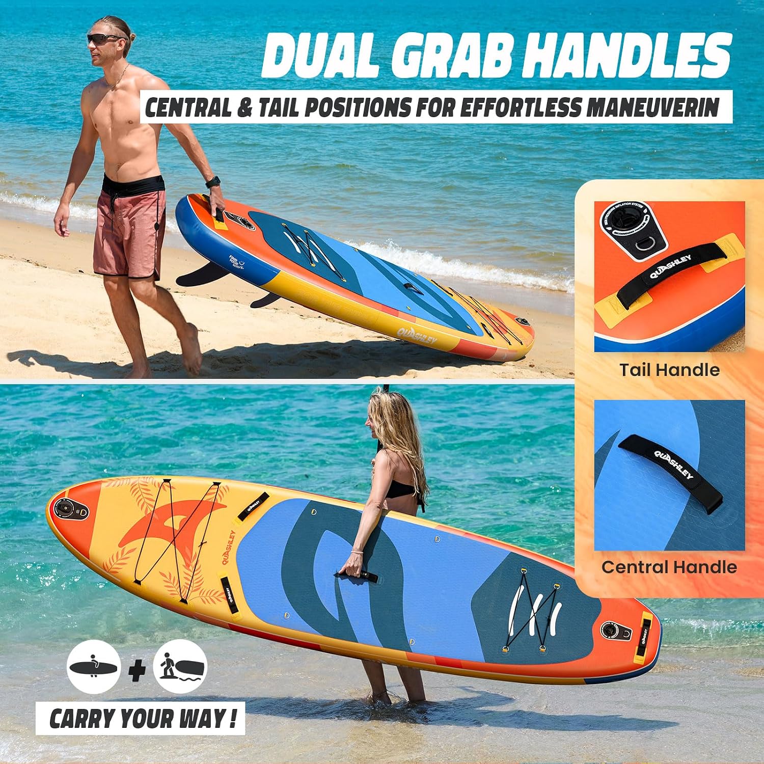 Quashley Inflatable Paddle Board Extra Wide Stand Up Paddleboards 11'×34' with All Premium Paddle Board Accessories,Inflatable SUP for Adults/Family,Beginner-Friendly,Removable Fin,Hand Pump