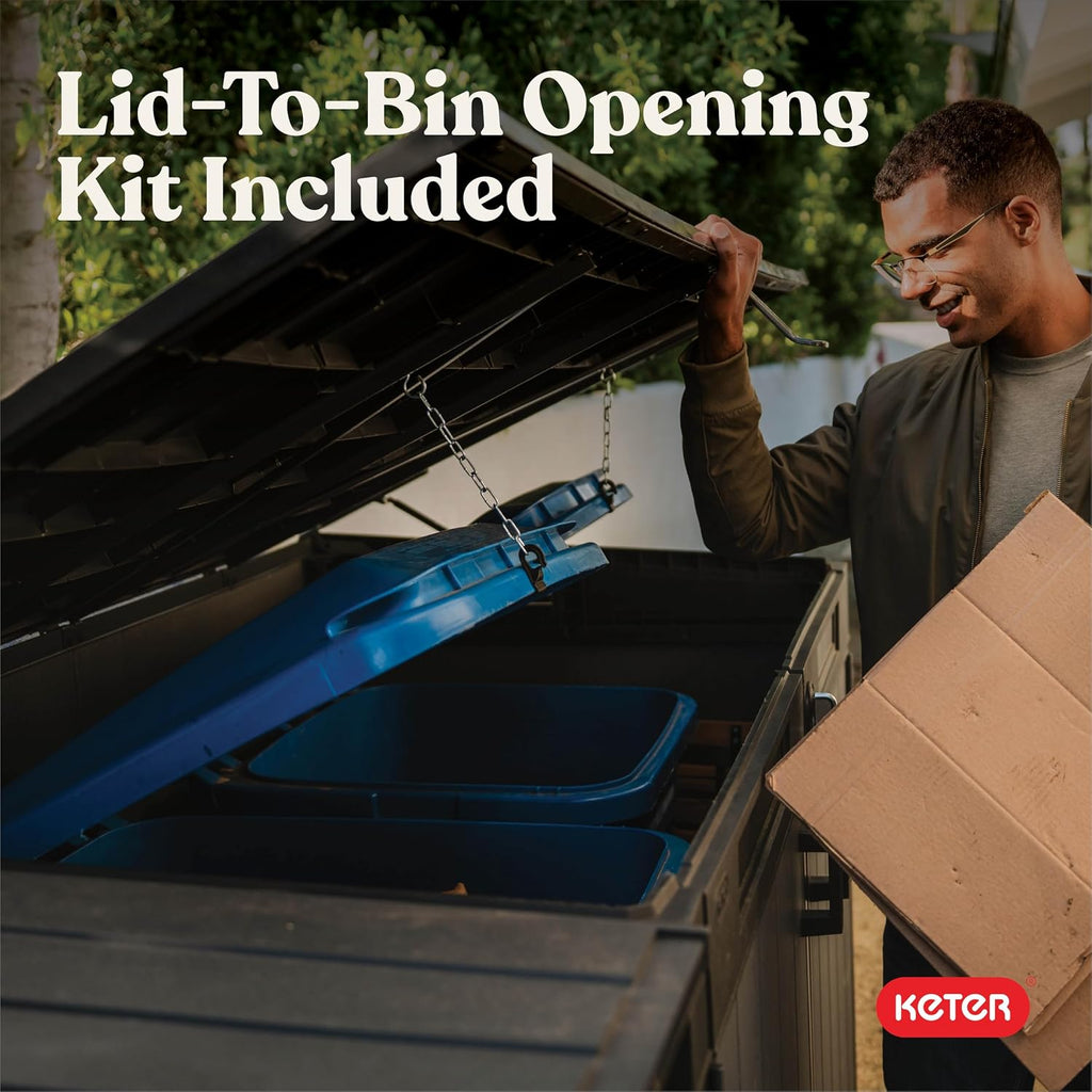 Keter Cortina Mega All‑Weather Outdoor Resin Horizontal Storage Shed with Lockable Doors, Garbage Bin & Yard Equipment Storage, Durable Patio Storage Cabinet, Graphite