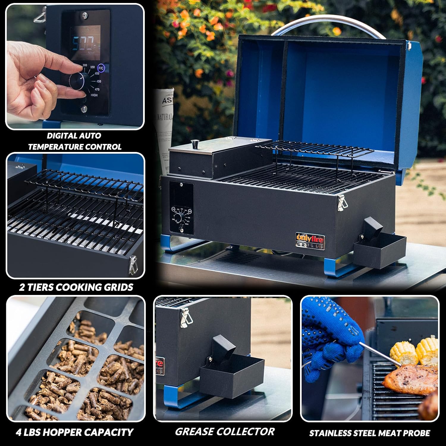 ONLYFIRE GRILLS BBQ Wood Pellet Grill Smoker with Digital Control, Meat Probe & 2 Tiers Cooking Area, Portable Tabletop Grilling Stove for BBQ, Smoke, Bake and Roast, RV Camping, Blue GS313
