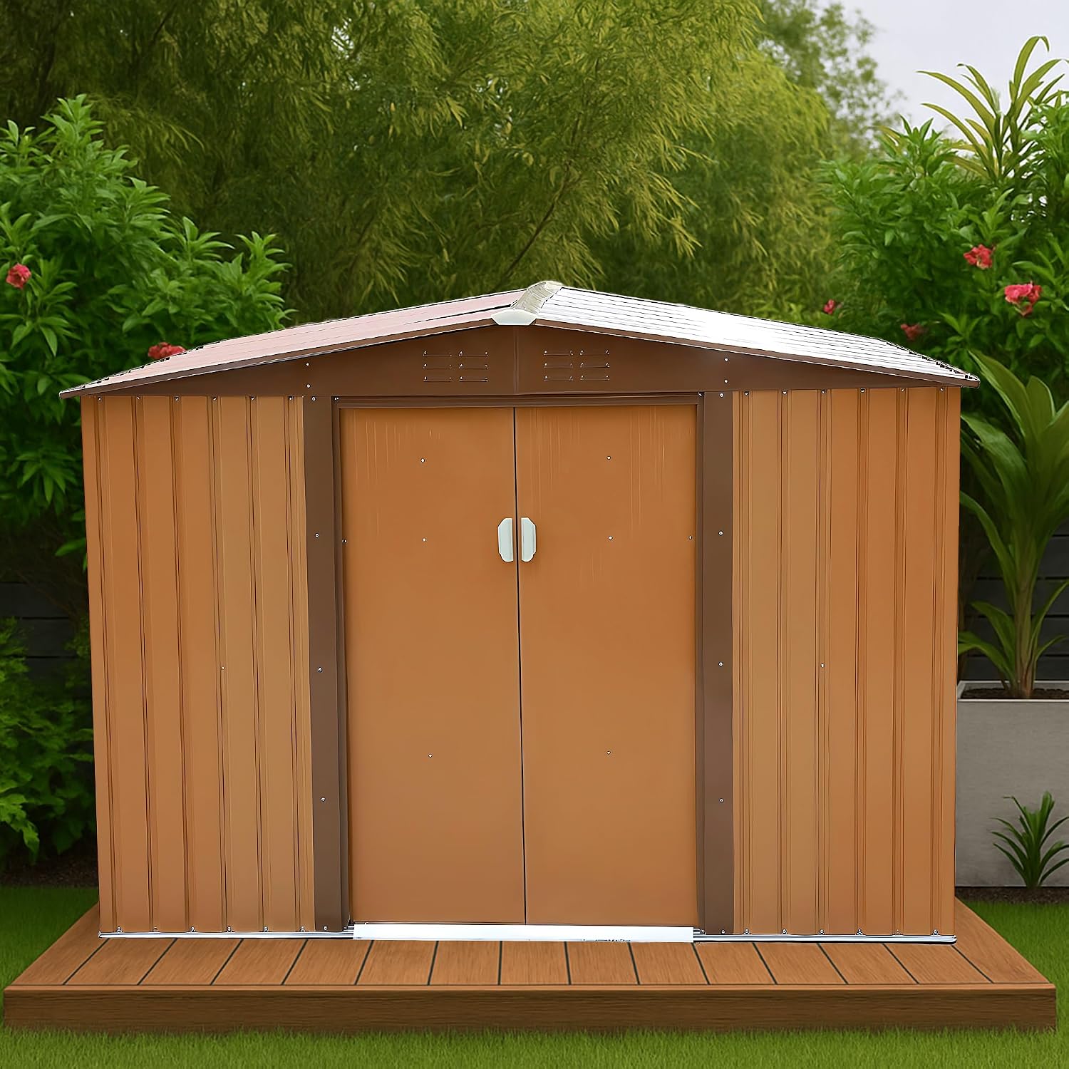 8x8 FT Outdoor Storage Shed, Large Metal Garden Shed with Sliding Doors & Updated Frame, All-Weather Steel Utility Shed for Backyard, Patio, Lawn, Coffee
