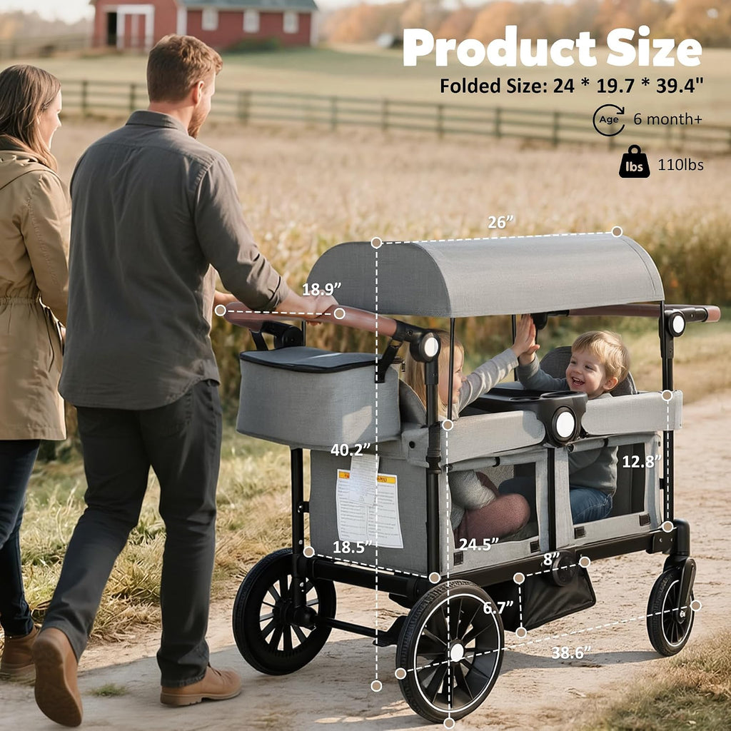 TODEFULL Wagon Stroller for 2 Kids, Foldable Kids Wagon Cart Featuring with Harnesses, Adjustable Double Push Handle, Removable Canopy, Snack Tray, Large Storage Bag, Gray