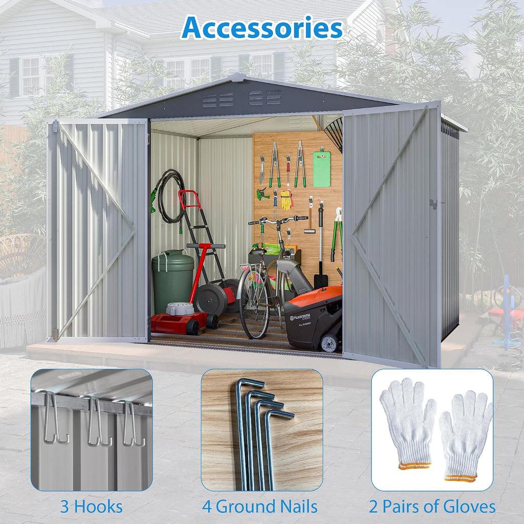 6x8 FT Outdoor Storage Shed, Metal Garden Shed with Frame Floor, Outside Tool Shed with Lockable Hinged Doors, Waterproof Storage Building with Sloped Roof for Backyard, Patio, Lawn, Gray