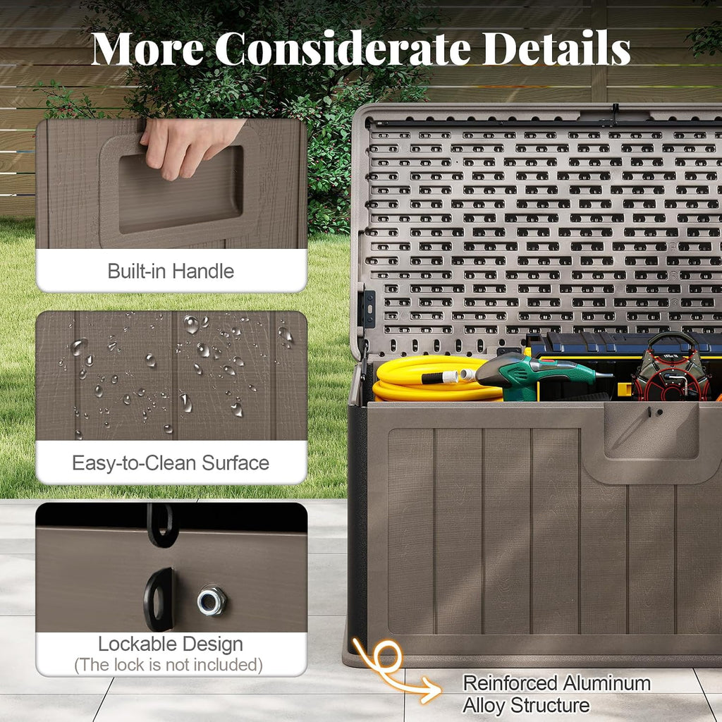 HAPPYGRILL Outdoor Storage Deck Box with Lockable Design & Gas Strut, Handle, 100 Gallon HDPE Patio Storage Organizer for Lawn Backyard Poolside (Brown)