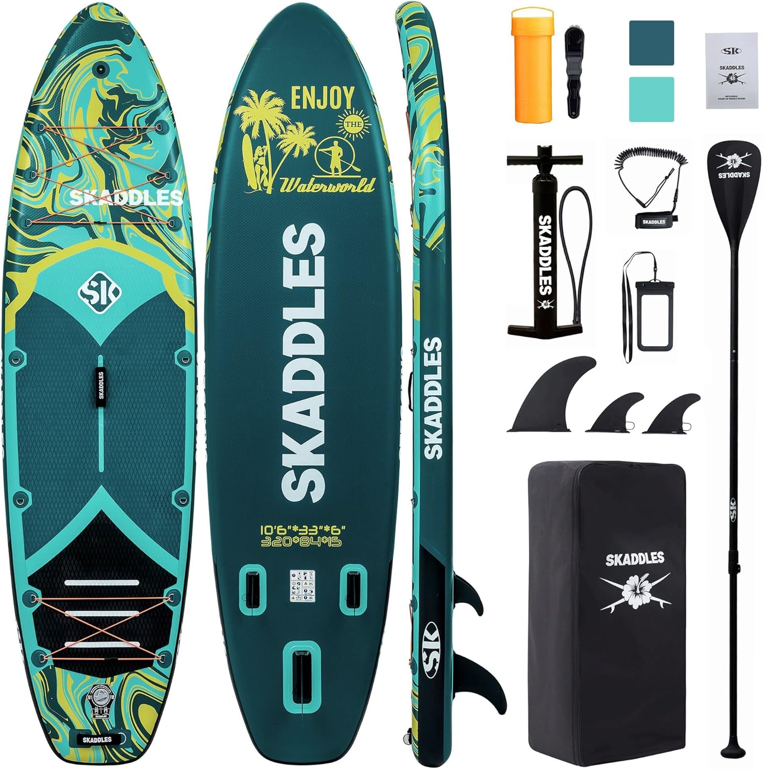 10'6'' Inflatable Stand Up Paddle Board (SUP) for Adults and Youth with Non-Slip Deck – Complete Accessories Kit, for Fishing, Yoga, Fitness & Family Fun