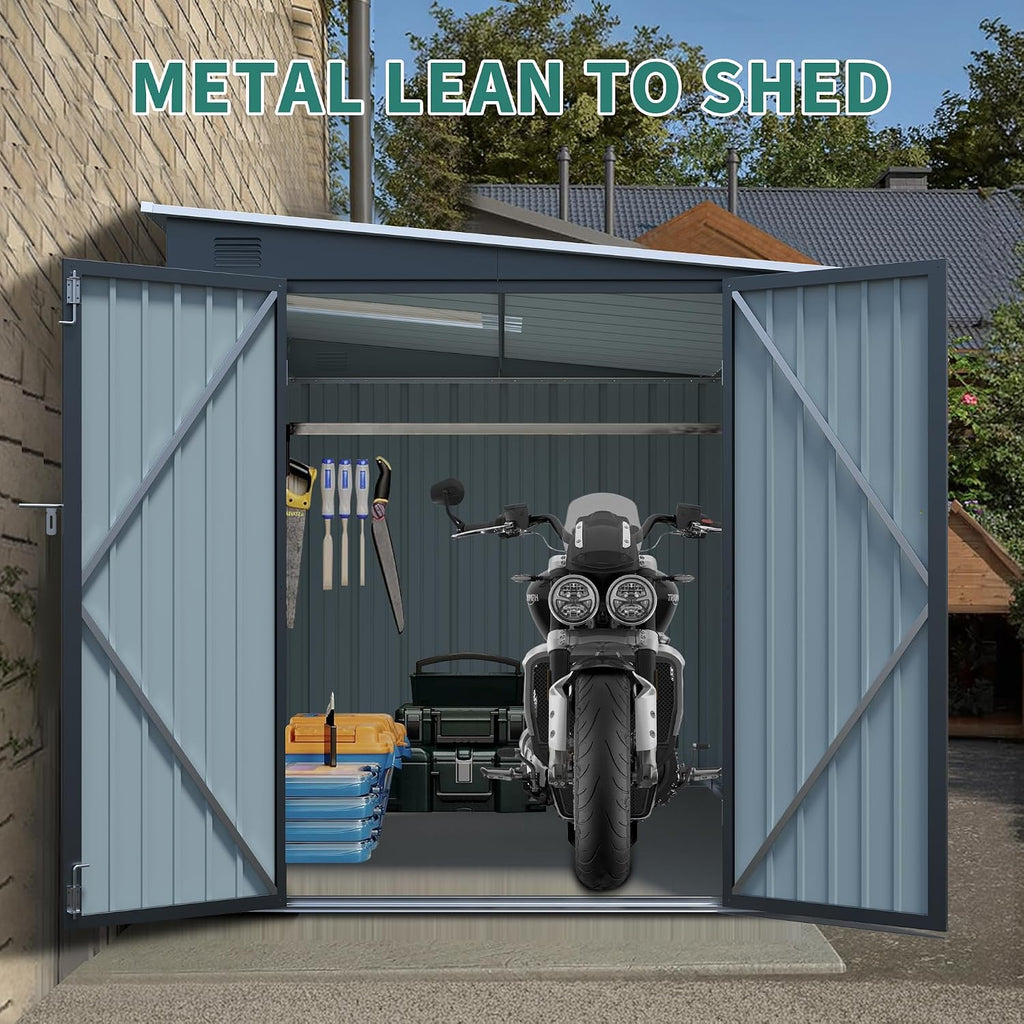 KEIKI 6X8 FT Galvanized Steel Outdoor Storage Shed with Lockable Double Doors, Waterproof Metal Lean to Shed with Free PC Light Board for Tools, Bikes & Patio Essentials, Carbon Black