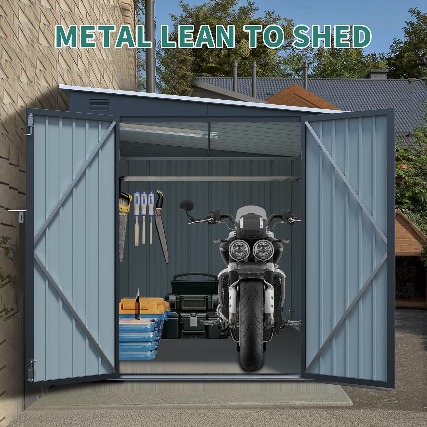 KEIKI 6X8 FT Galvanized Steel Outdoor Storage Shed with Lockable Double Doors, Waterproof Metal Lean to Shed with Free PC Light Board for Tools, Bikes & Patio Essentials, Carbon Black