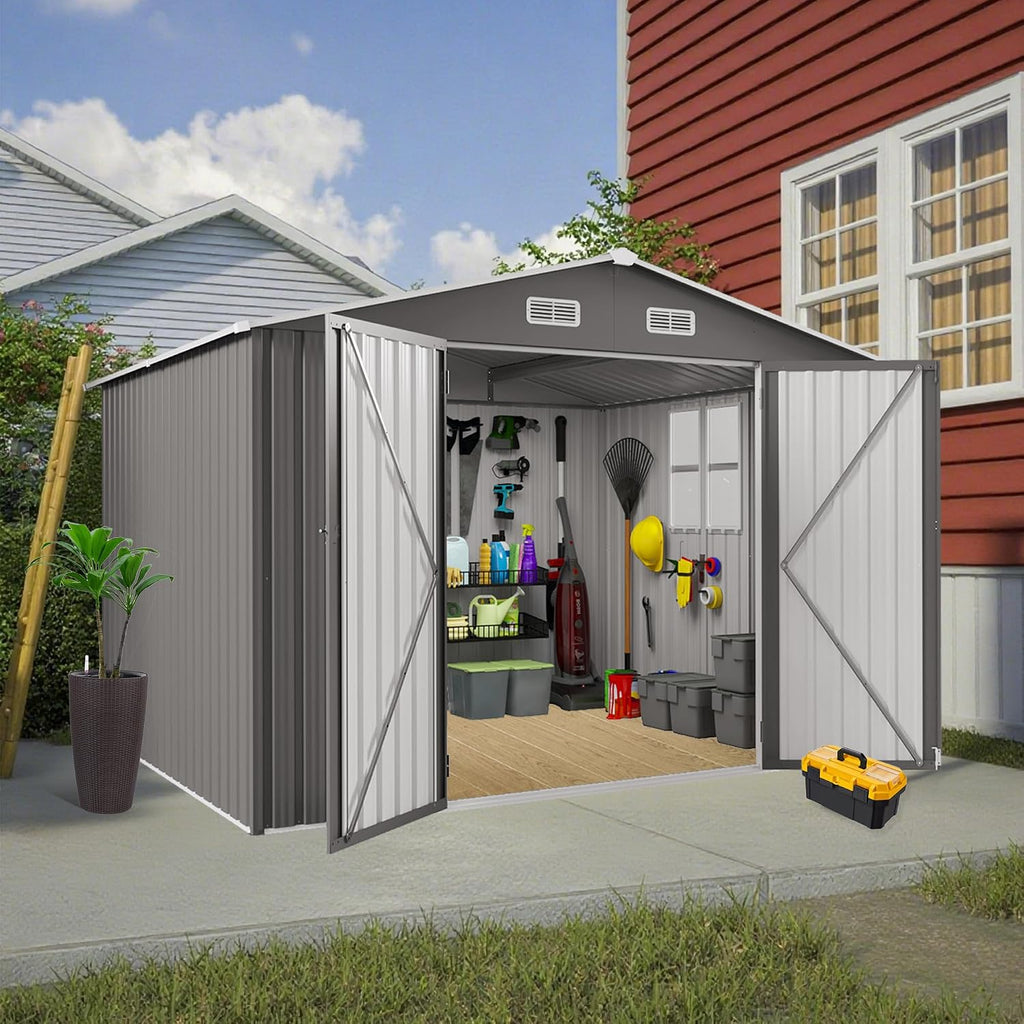 10x8 FT Outdoor Storage Shed, Metal Garden Shed with 4-pane Window, Outside Tool Sheds with Lockable Hinged Doors, Waterproof Storage Building with 4 Air Vents for Backyard, Patio, Lawn, Gray