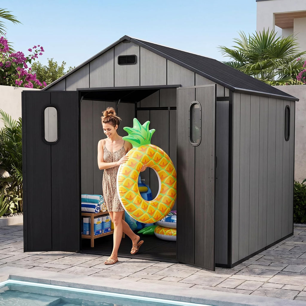 Domi 8x8Ft Resin Outdoor Storage Shed with Floor, Plastic Garden Storage Shed, Outside Weatherproof Storage Building for Tools, Bike, Lawn Mower, Patio, Backyard