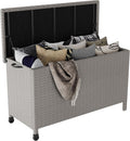 120 Gallon Rattan Deck Box, Outdoor Storage Box With Wheels and Handle, Waterproof Large Storage Bench Organizer for Patio Backyard Cushions, Pool Supplies and Garden Tools, Grey