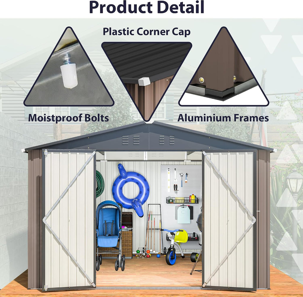 10 x 10 FT Outdoor Storage Shed, Large Metal Tool Sheds with Updated Frame Structure and Lockable Doors, Garden Shed for Backyard Garden Patio Lawn