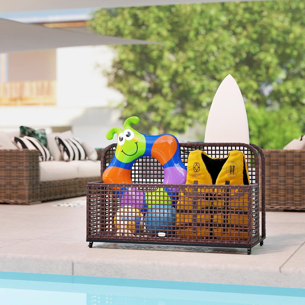 Outsunny Patio Wicker Pool Float Storage with Wheels, Outdoor Rolling PE Rattan Pool Caddy, Includes Compartment and Basket, for Pool, Garden, Deck, Brown