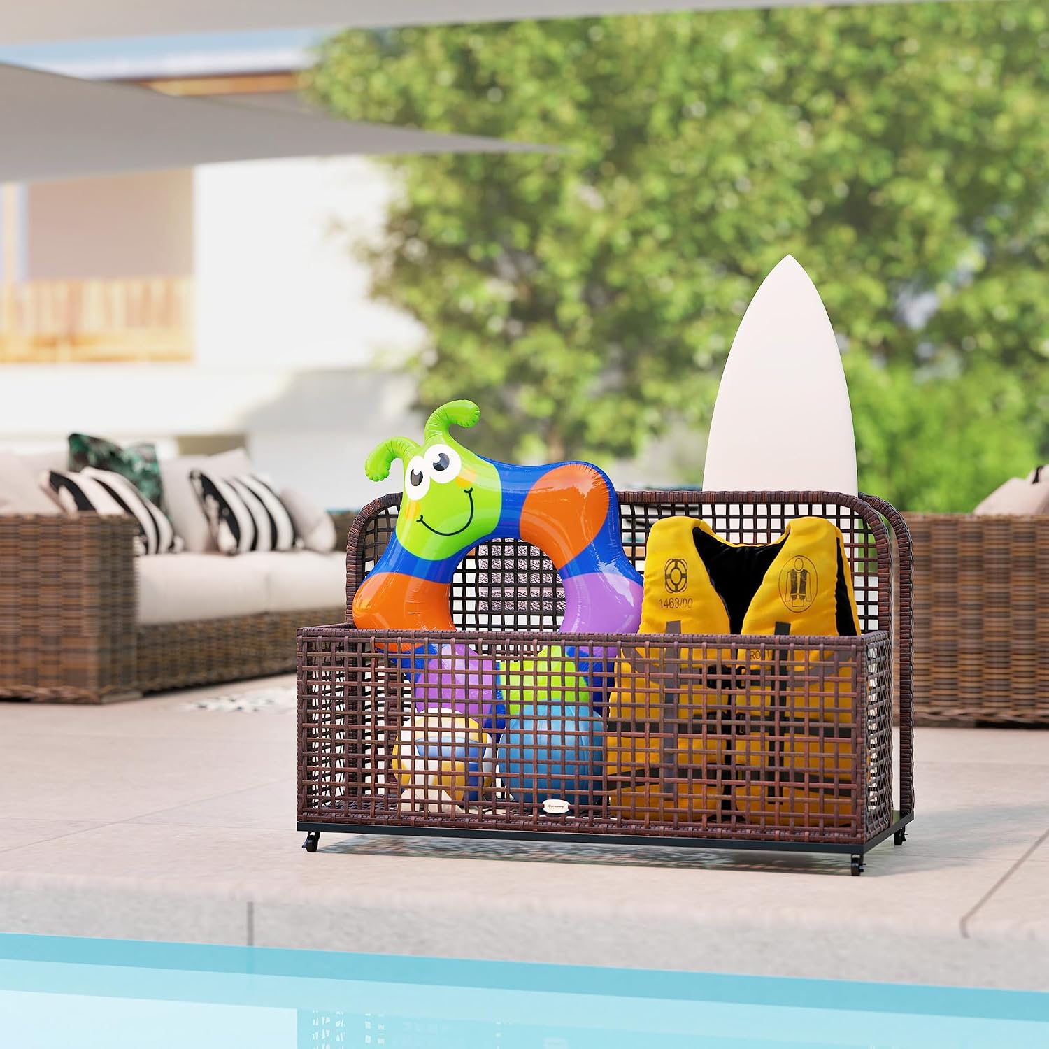 Outsunny Patio Wicker Pool Float Storage with Wheels, Outdoor Rolling PE Rattan Pool Caddy, Includes Compartment and Basket, for Pool, Garden, Deck, Brown