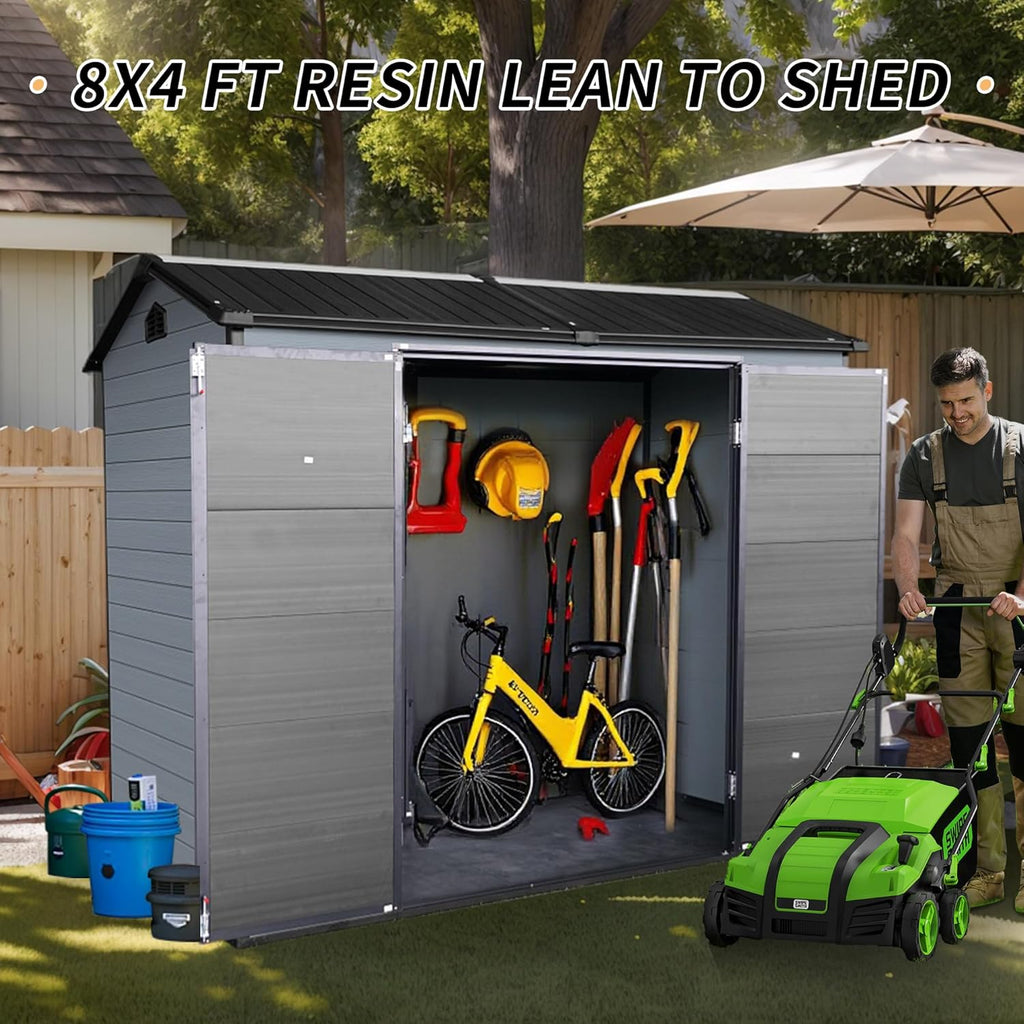 KEIKI 8X4 FT Outdoor Resin Garden Shed with Floor and 2 Windows, Plastic Patio Outdoor Storage Shed with Lockable Door for Garden Tools, Bicycles, Trash Cans, Gray+Black