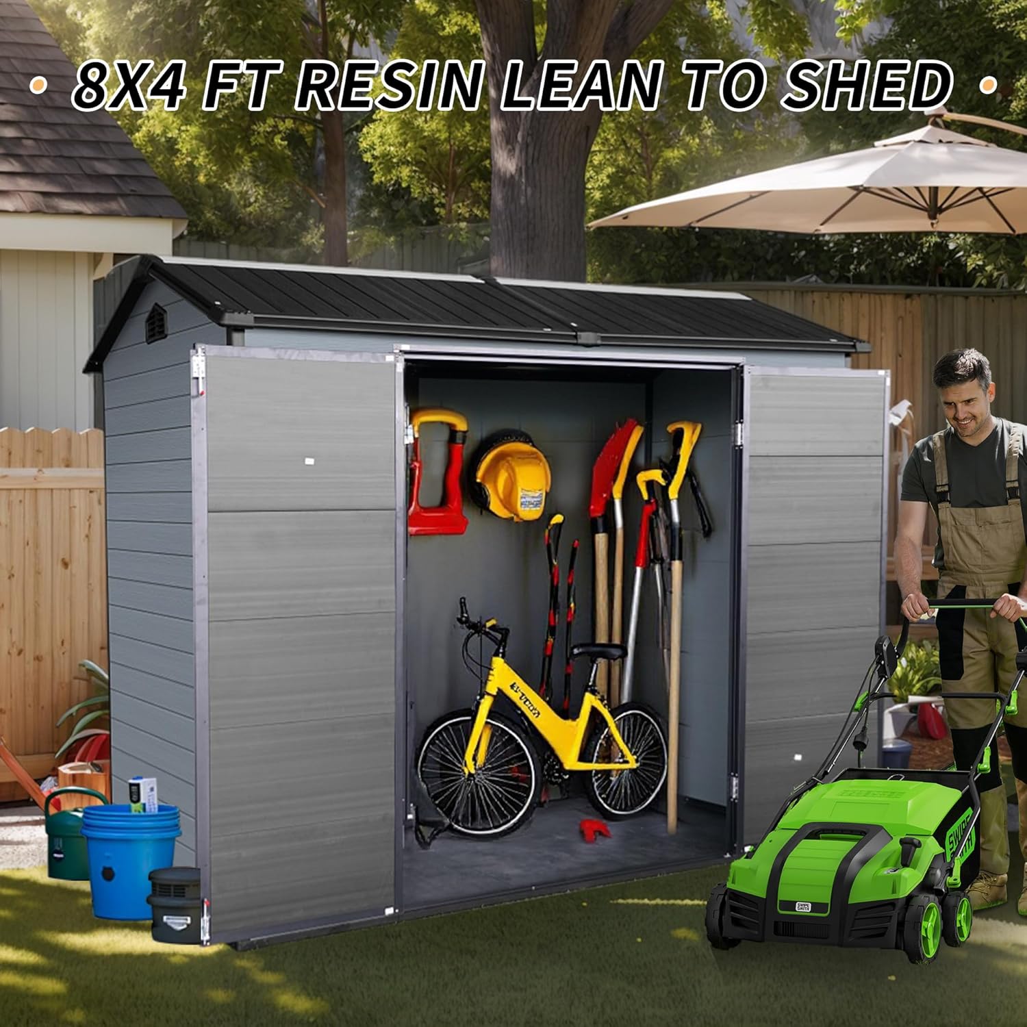 KEIKI 8X4 FT Outdoor Resin Garden Shed with Floor and 2 Windows, Plastic Patio Outdoor Storage Shed with Lockable Door for Garden Tools, Bicycles, Trash Cans, Gray+Black