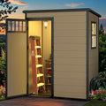 DWVO 5x3FT Outdoor Storage Shed, All-Weather Resin Plastic Storage Shed with Windows, Slanted Roof, Raised Floor, 65 cu.ft Capacity for Garden Tools & Equipment, Ideal for Backyard & Garden, Brown