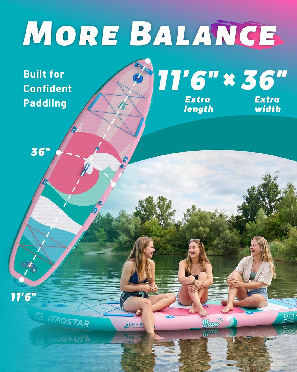 iTAOSTAR Billow 11'6'×36' Extra Wide Paddle Board with Seat, One-Stop Premium SUP Board Accessories, Tailored Fins, Stable Inflatable Stand Up Paddle Boards for Youth/Adults of All Skill Levels