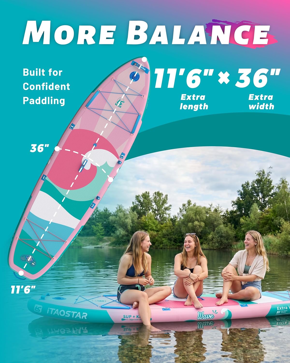iTAOSTAR Billow 11'6'×36' Extra Wide Paddle Board with Seat, One-Stop Premium SUP Board Accessories, Tailored Fins, Stable Inflatable Stand Up Paddle Boards for Youth/Adults of All Skill Levels