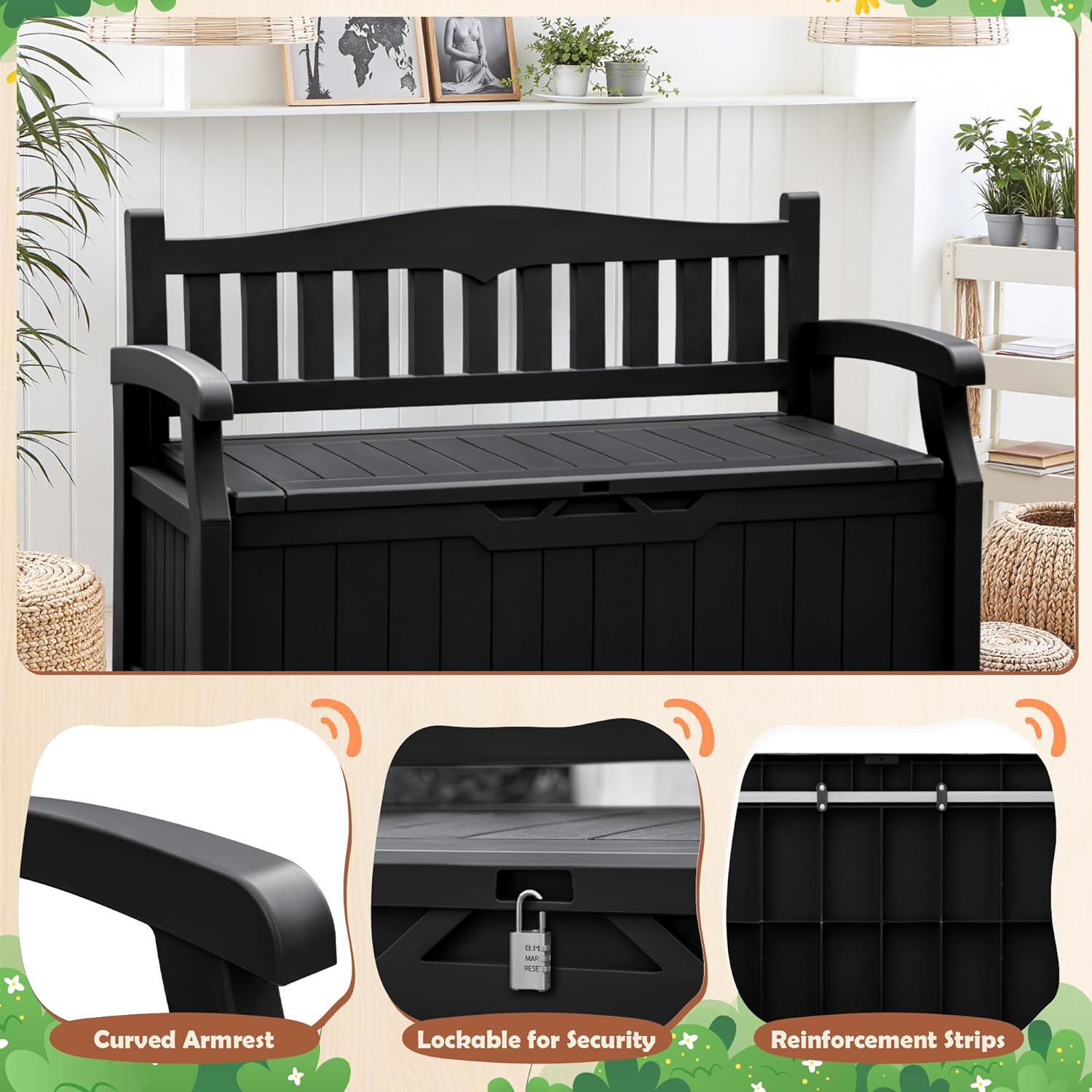 JUMMICO 80 Gallon Resin Outdoor Storage Bench, Large Deck Box with Armrest, Lockable&Waterproof for Garden, Home, Patio, Pools (Black, 80 Gallon)