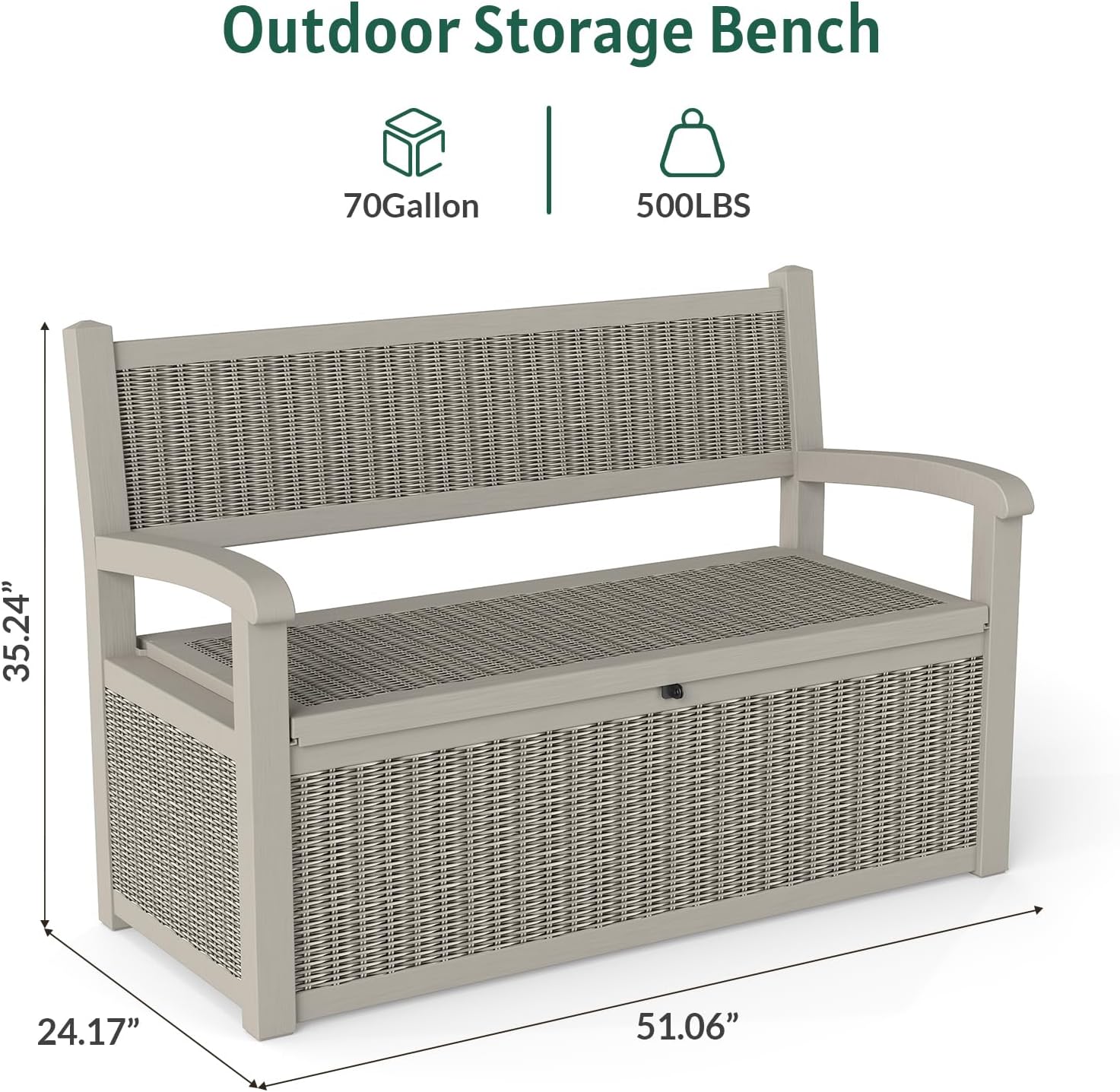 Skepphlay 70 Gallon Storage Bench Deck Box,Patio Storage Benches with Armrest, Lockable Bench Outside, Waterproof for Pool Patio Garden (Grey)