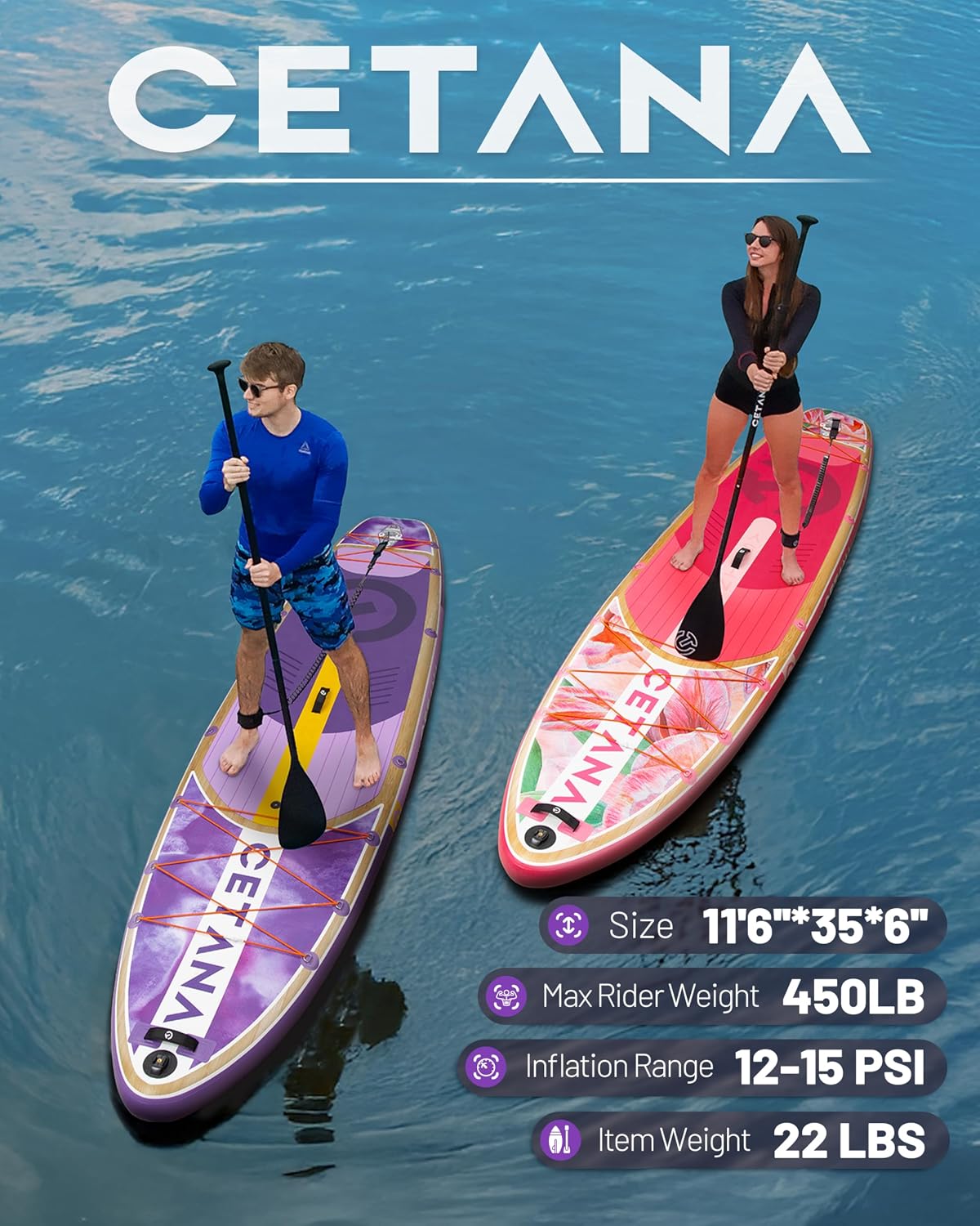 CETANA 11'6×35' Extra Wide Stand Up Paddle Board for Adults & Youth, 400lb Capacity Inflatable Paddle Board, Sup for 2+1 Person with Removable US Fin, 100L Backpack, Floating Paddle, Safety Leash