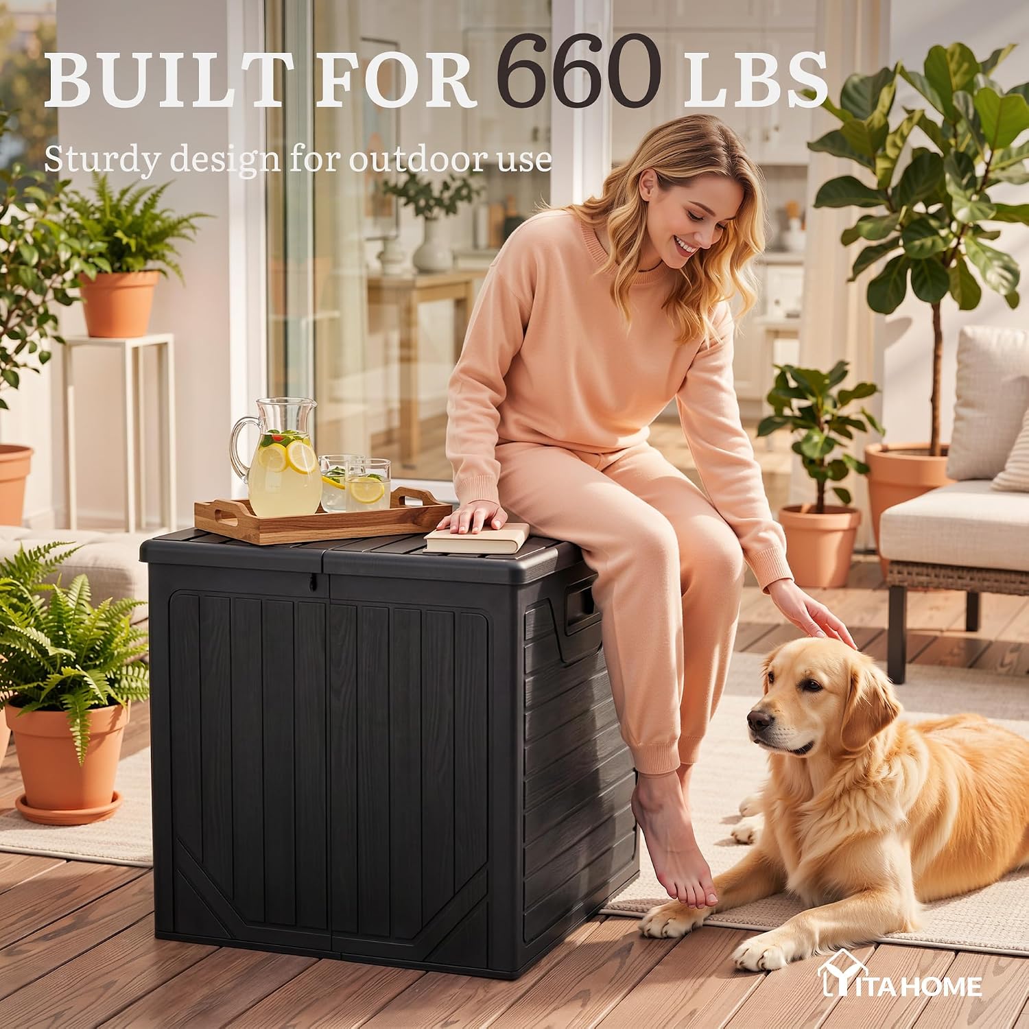 YITAHOME 150 Gallon Large Outdoor Deck Box, Lockable Resin Storage Box and Waterproof Patio Furniture Bin for Garden Tools & Pool Accessories, Black