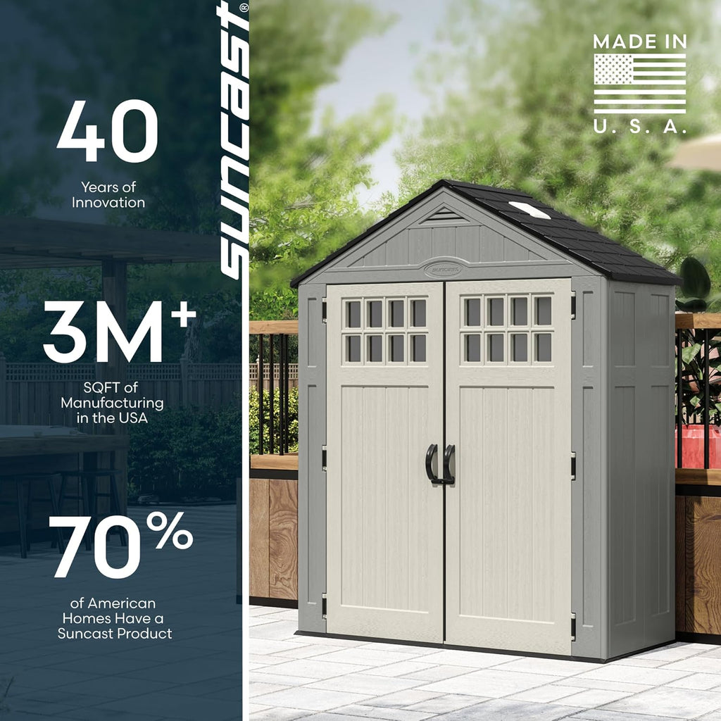 Suncast Everett 6x3 ft Vertical Storage Shed - Resin Outdoor Garden Shed with Floor, Windows, Skylight & Lockable Double Doors. Slim Yard Storage for Utility Tools & Backyard Equipment