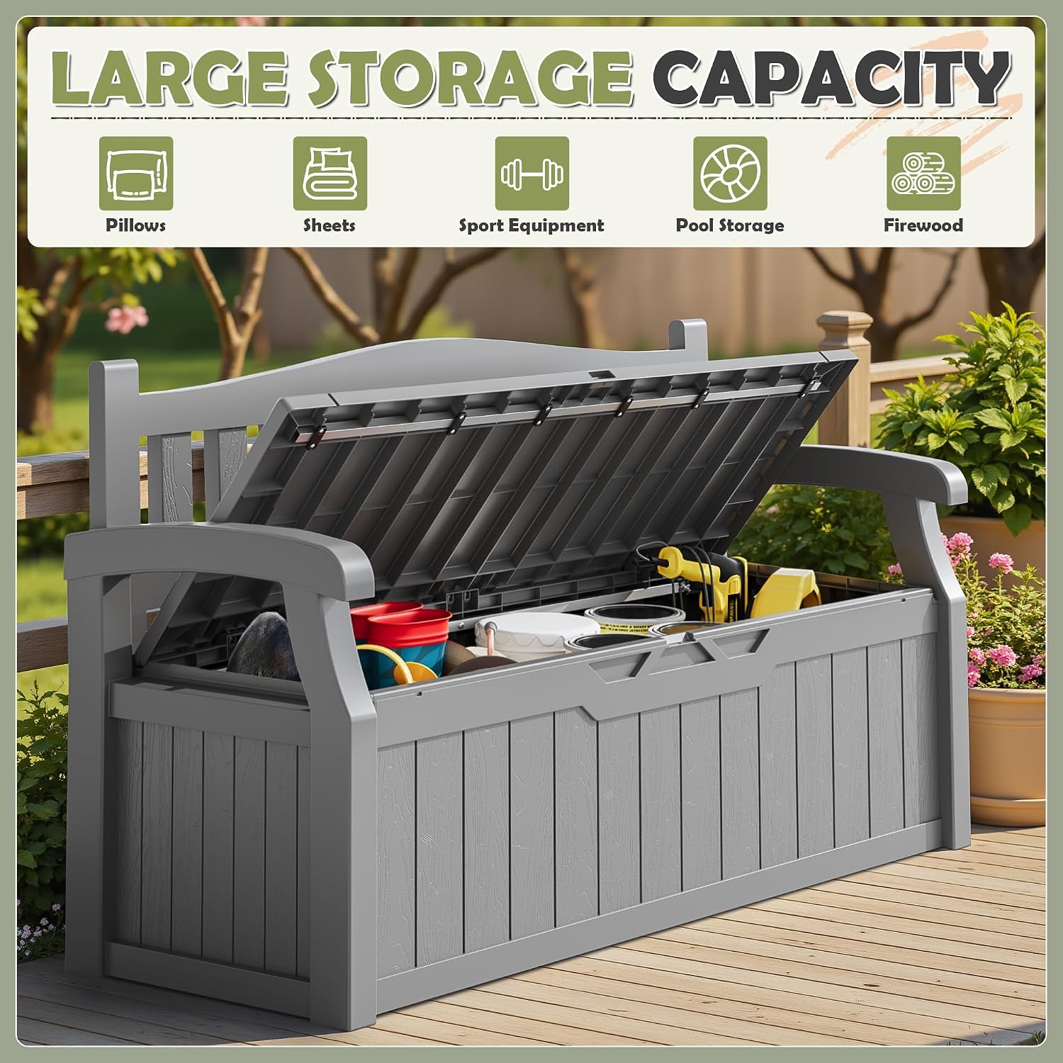 Homall 75 Gallon Outdoor Storage Benches Lockable Deck Box with Waterproof and UV Resistant, Waterproof Storage Box for Patio Furniture, Tools, Cushions (Grey)